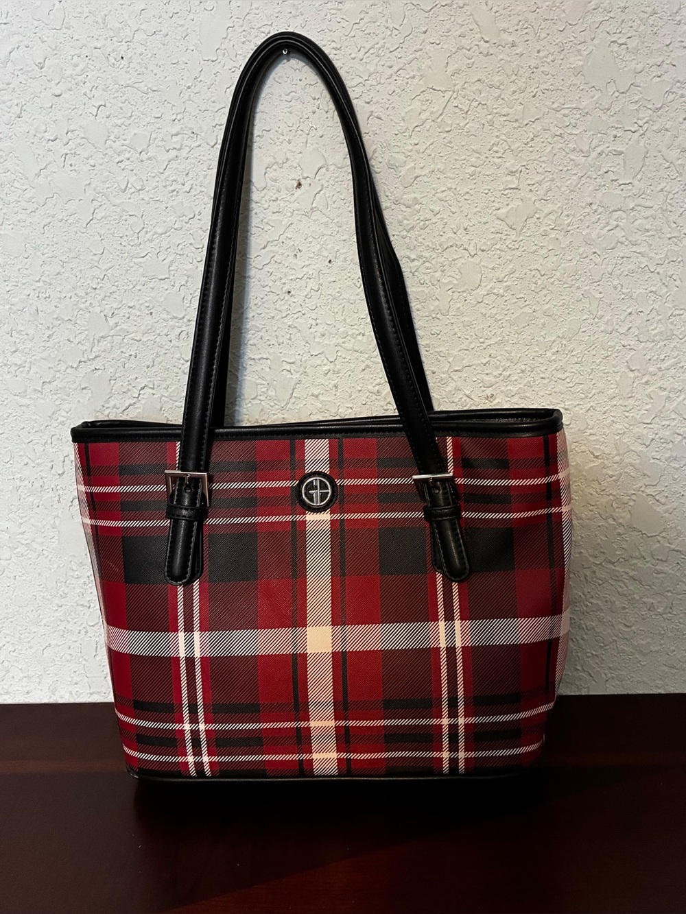 Giani Bernini Red Plaid Tote with Black Trim